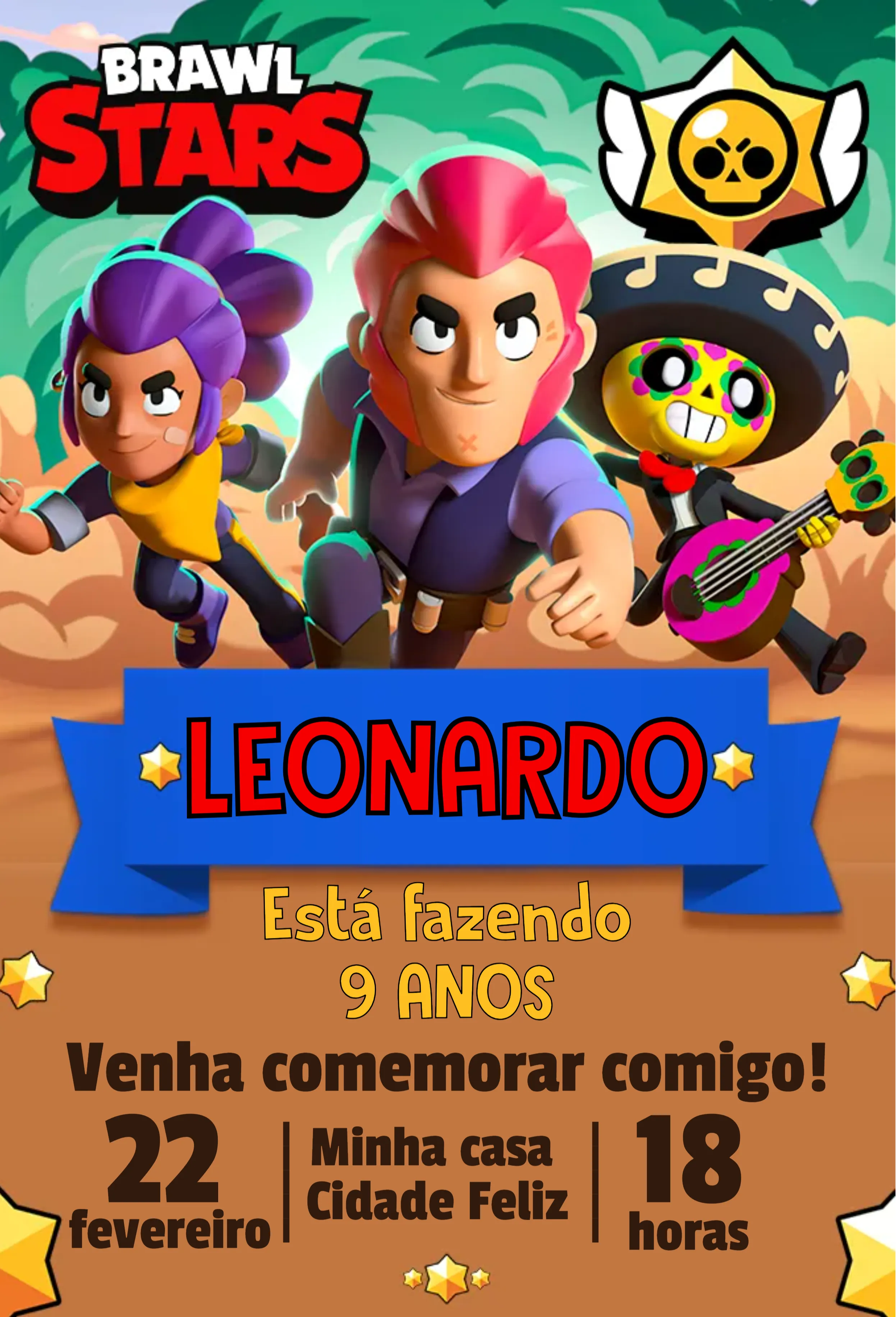 Convite Brawl Stars Trio Principal para aniversário infantil