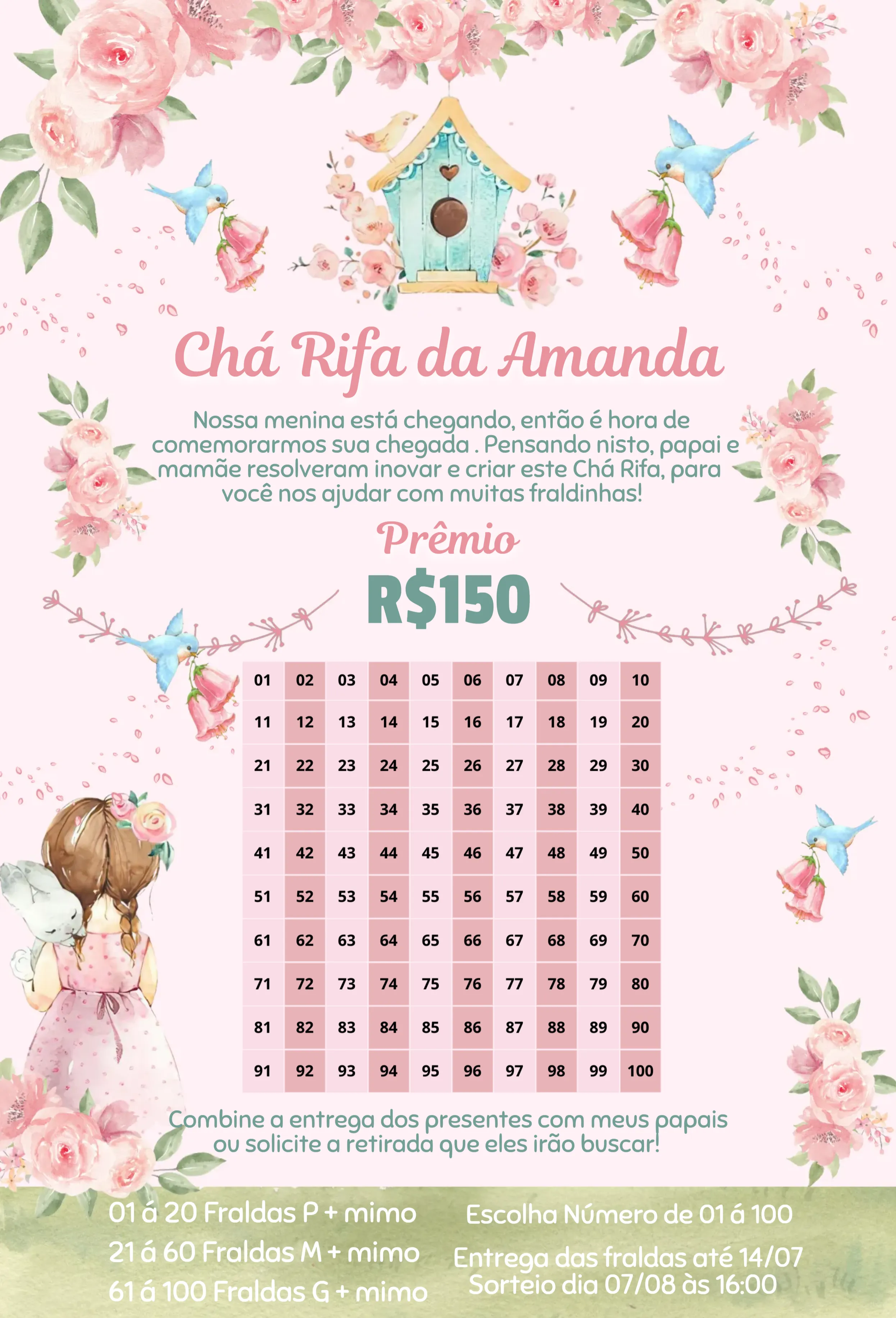 Convite Jardim Encanto Menina e Coelho editável e personalizável