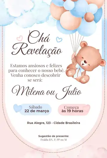 Invitación Globos y oso – tema Revelación Bebé colorido, infantil, lúdico, tierno, alegre, moderno