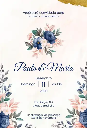 Invitación Floral Clásico – tema Boda floral, elegante, romántico, azul oscuro, delicado, naturaleza