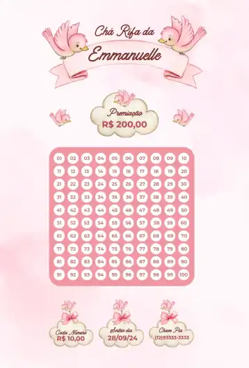 Invitación Pájaros rosa – tema Té Rifa delicado, femenino, floral, moderno, colorido