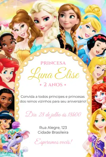 Convite Princesas da Disney – tema Aniversário Infantil cores pastel, estilo lúdico, elementos gráficos de princesas, ilustrações coloridas, design encantador, tema mágico