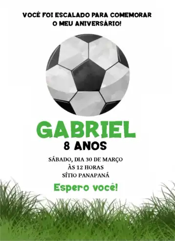 Convite Futebol Para Editar – tema Aniversário Infantil verde, branco, moderno, esportivo, divertido, infantil
