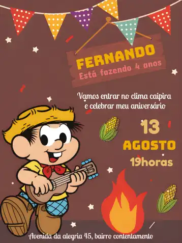 Invitation Chico Bento's Party Arraiá – Kids' Birthday Party theme colorful, June-themed, fun-filled, childish, rustic