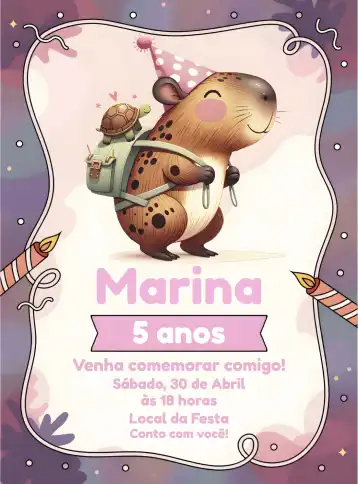 Invitación Capibara Tortuga – tema Cumpleaños Infantil colorido, divertido, lúdico, tropical, animales