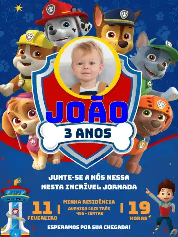 Convite Patrulha Canina Com Foto Patrol – tema Aniversário Infantil azul, divertido, temático, moderno, colorido