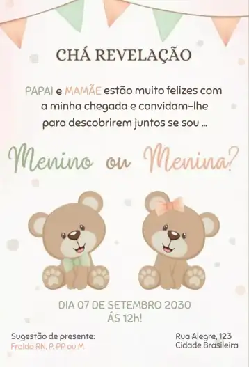 Convite Menino ou menina ursinhos editável e personalizável
