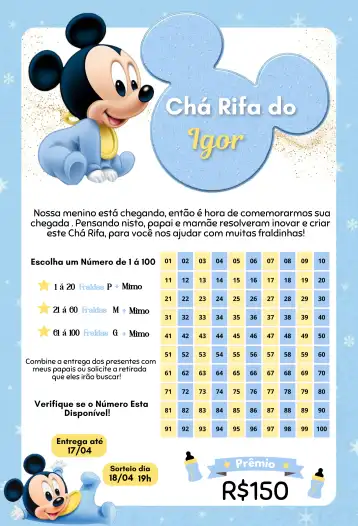 Convite Mickey Baby Azul editável e personalizável
