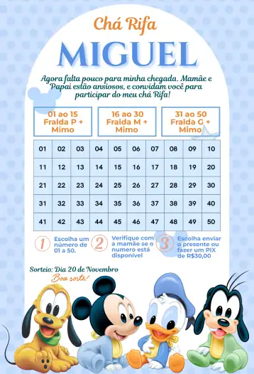 Convite Mickey Donald Pateta Bebe editável e personalizável