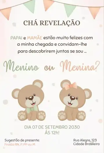 Convite Menino ou menina ursinhos editável e personalizável