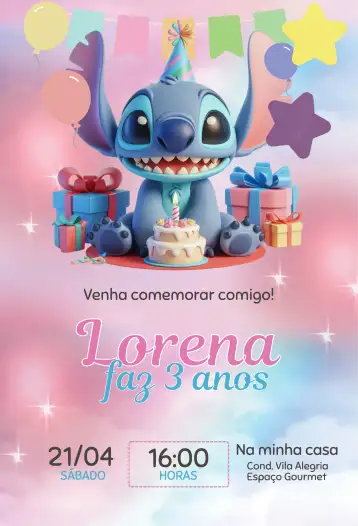 Convite Stitch Aniversariante editável e personalizável