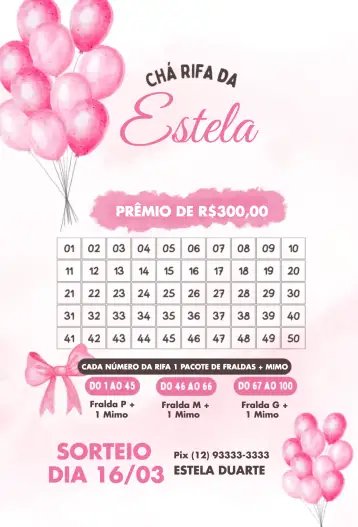 Convite Balões Rosas para chá de rifa para celebrar a chegada de uma menina. – tema chá rifa (delicado, rosa, balões, infantil, feminino)