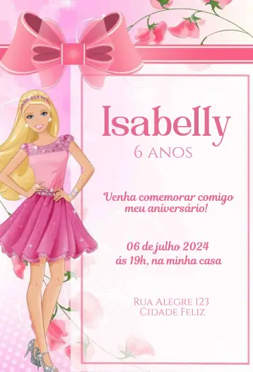 Convite Barbie com Laço para aniversário infantil – tema aniversário infantil (rosa, feminino, divertido, moderno, infantil, temático)