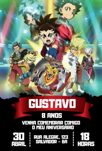 Convite Beyblade Aiger para aniversário infantil – tema aniversário infantil (colorido, divertido, jovial, dinâmico, temático)