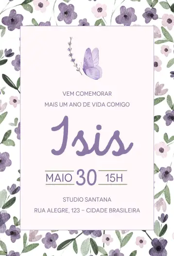 Convite Borboleta lilás para aniversário – tema aniversário (delicado, flores, lilás, moderno, infantil, colorido)