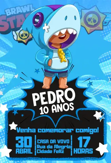 Convite Brawl Stars Leon Tubarão para aniversário infantil – tema aniversário infantil (azul, moderno, jogos, divertido, infantil, temático)
