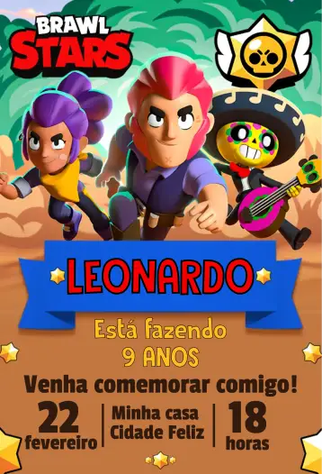Convite Brawl Stars Trio Principal para aniversário infantil com tema de jogos. – tema aniversário infantil (moderno, colorido, divertido, jogos, aventura)