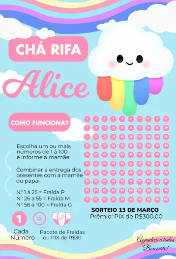 Convite Shower of Love Little Cloud para baby raffle tea. – tema raffle tea (soft, colorful, childlike, nature-themed, playful, joyful)