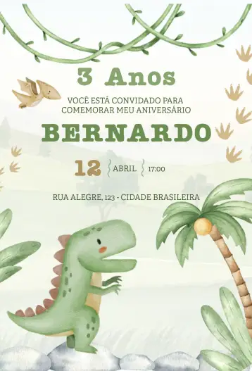 Convite Dinossauro colorido para aniversário infantil – tema aniversário infantil (colorido, divertido, ilustrações de dinossauros, infantil, lúdico)