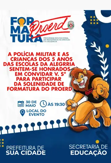 Convite Formatura Proerd Escola para formatura do proerd para jovens de 15 anos. – tema 15 anos (colorido, moderno, temático, segurança, divertido, jovem)