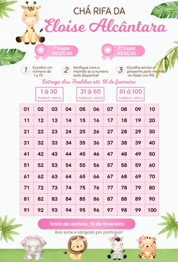 Convite Girafa Safari Rosa para ideal para chá de bebê com temática de safari. – tema chá rifa (safari, animais, natureza, rosa, infantil)