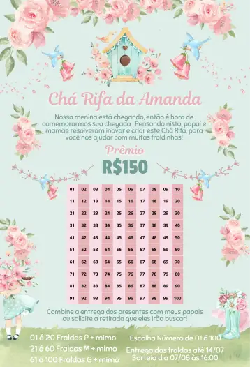 Convite Jardim Encantado Botas e Flores para chá de rifa para bebê ou revelação. – tema chá rifa (floral, encantado, colorido, divertido, natureza, infantil)