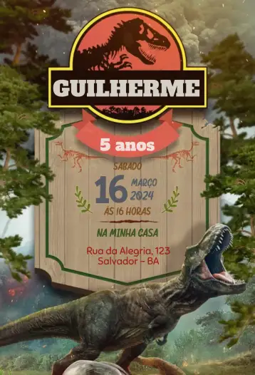Convite Jurassic Parque Reino T-Rex para aniversário infantil com tema de dinossauros. – tema aniversário (vibrante, jurássico, aventura, colorido, divertido, animais)