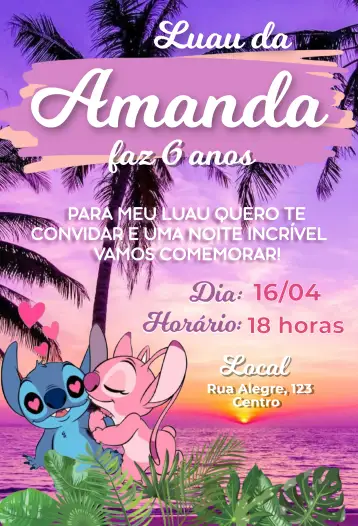 Convite Lilo e Stitch Luau para aniversário infantil com tema lilo e stitch. – tema aniversário infantil (havaiano, praia, colorido, tropical, divertido, infantil)