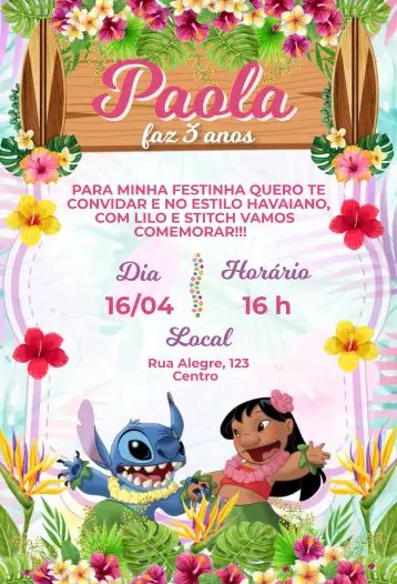 Convite Lilo e Stitch Natureza para aniversário infantil – tema aniversário infantil (havaiano, colorido, tropical, divertido, natural, infantil)