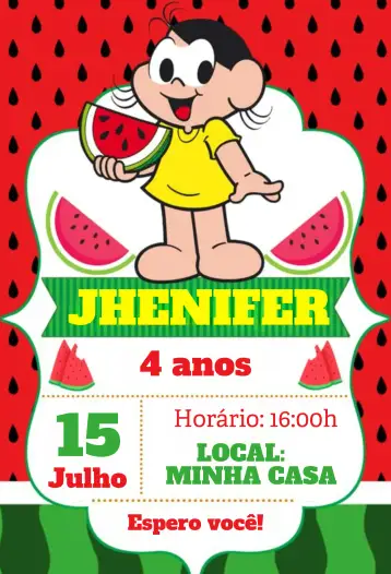 Convite Magali Comendo Melancia para aniversário infantil – tema aniversário infantil (colorido, divertido, infantil, tropical, cartoon, alegre)