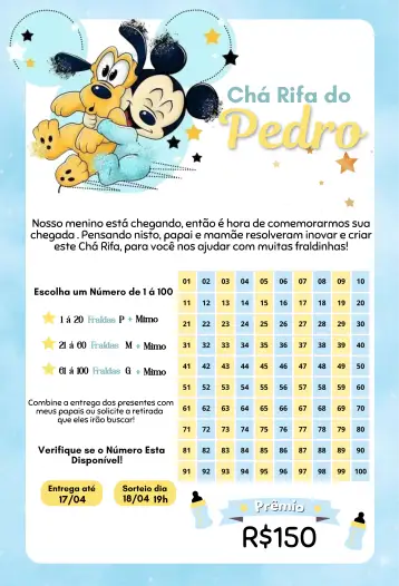 Convite Mickey e Pateta Amigos para chá de bebê com tema mickey e pateta. – tema chá rifa (Disney, infantil, colorido, divertido, pijama, animais)
