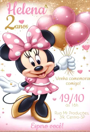 Convite Minnie Mouse Glitter para aniversário infantil – tema aniversário infantil (glamour, elegante, colorido, infantil, Disney, fofo)