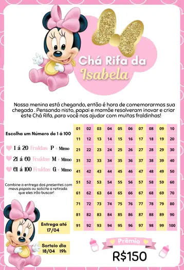 Convite Minnie Pijama Rosa para chá de bebê com tema minnie mouse. – tema chá rifa (rosa, lúdico, infantil, feminino, divertido, moderno)