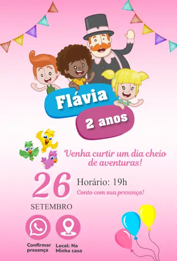 Convite Mundo Bita Rosa para cumpleaños infantil. – tema cumpleaños infantil (rosa, colorido, lúdico, divertido, temático, infantil)