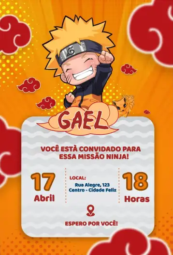 Convite Naruto Kids para aniversário infantil com tema naruto. – tema aniversário infantil (colorido, anime, ninja, divertido, infantil, dinâmico)