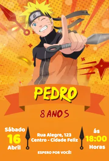 Convite Naruto Kunai para aniversário infantil com tema naruto. – tema aniversário infantil (moderno, divertido, colorido, temático, aventura)