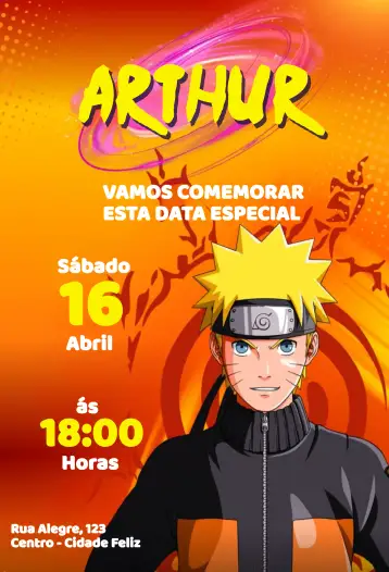 Convite Naruto Selo para aniversário infantil com tema naruto. – tema aniversário infantil (colorido, animado, ninja, jovial, aventura, mágico)
