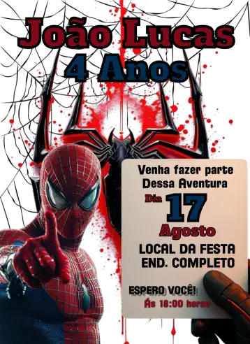 Convite O Homem Aranha  para aniversário infantil com tema do homem aranha. – tema aniversário (cores vibrantes, estilo cartoon, elementos de ação, design moderno, temática de super-heróis, ilustrações dinâmicas)