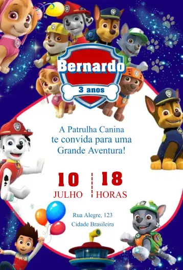Convite Patrulha Canina 3 – tema Aniversário Infantil colorido, divertido, temático, infantil, animado