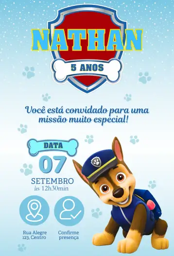 Convite Patrulha Canina Chase para aniversário infantil – tema aniversário infantil (azul, divertido, animado, infantil, temático)