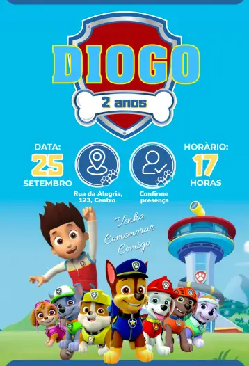 Convite Patrulha Canina Completa para aniversário infantil com tema patrulha canina. – tema aniversário infantil (colorido, divertido, temático, infantil, animais, cachorrinhos)
