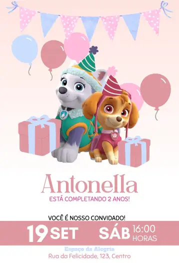 Convite Patrulha Canina Meninas para aniversário infantil – tema aniversário infantil (rosa, animado, infantil, temático, colorido, divertido)