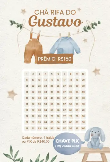 Convite Roupinhas e coelho para ideal para chá de bebê e chá de revelação. – tema chá rifa (delicado, fofo, pastel, infantil, branco e azul, natureza)