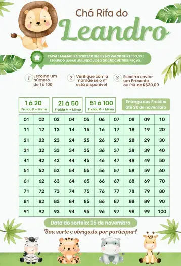 Convite Safari Animais Leão para chá de bebê com tema de safari. – tema chá rifa (safari, natureza, colorido, divertido, infantil, ilustrações)