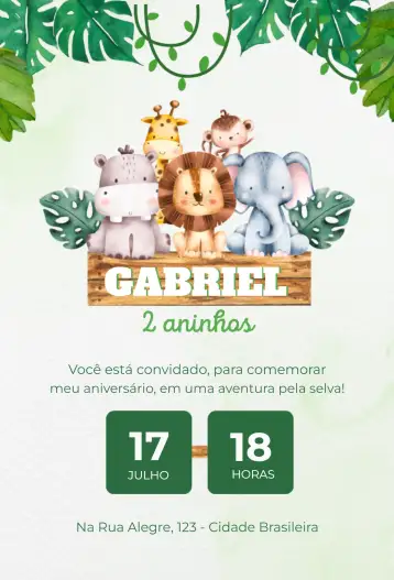 Convite Safari verde e marrom para aniversário infantil. – tema aniversário infantil (safari, animais da selva, verde e marrom, temática infantil, divertido, aventura)