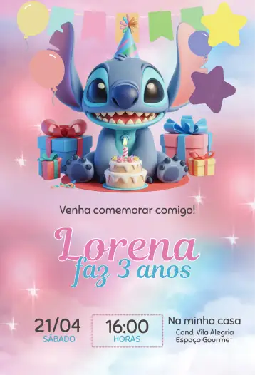Convite Stitch Aniversariante para aniversário infantil com tema lilo e stitch. – tema aniversário infantil (colorido, divertido, temático, infantil, rosa, estrelas)