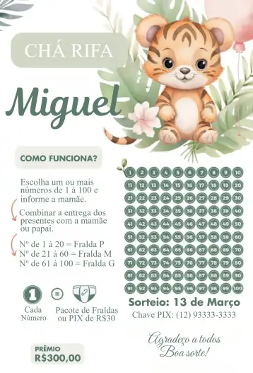 Convite Tigrinho na Selva para safari-themed baby shower. – tema raffle tea (wild, colorful, animals, safari, nature)