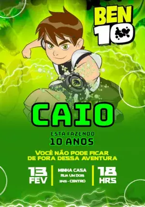 Convite Ben10 Verde para aniversário infantil – tema aniversário infantil (verde, divertido, temático, moderno, colorido)