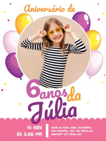 Convite 6 Years With Photo Party para kids birthday – tema birthday (pink, colorful, funny, childish, festive)