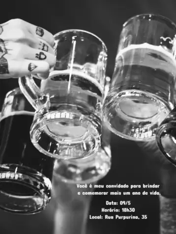 Convite Cerveja Branco para aniversário de adultos com tema de cerveja. – tema aniversário (preto e branco, moderno, elegante, descontraído, minimalista)